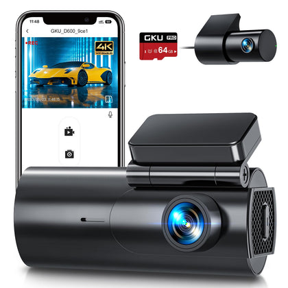 Dash Cam Front and Rear Camera, 4K/2.5K Full Dashcams for Cars with 64GB SD Card, WiFi & App Control, Night Vision, Parking Mode, G-Sensor, Loop Recording,WDR,170° Wide Angle