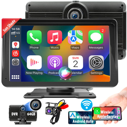 [64GB DVR] Portable Wireless Apple CarPlay & Android Auto Car Stereo, 7 Inch Double/Single Din Dash Cam Touchscreen Player with Backup Camera, Mirror Link, Siri, Google Voice, Bluetooth Handsfree