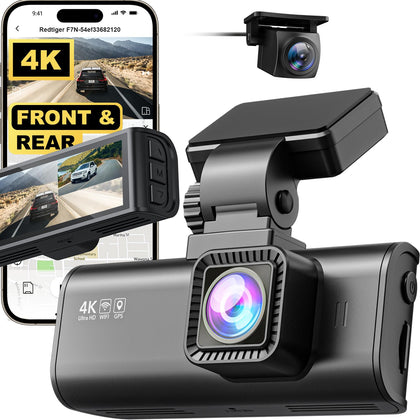 REDTIGER F7N 4K Dash Cam Front and Rear,Built-in WiFi GPS 4K+1080P Dual Dash Camera for Cars,3.18 inch Display Dashcam,170° Wide Angle Dashboard Camera Recorder, Night Vision,Parking Monitor
