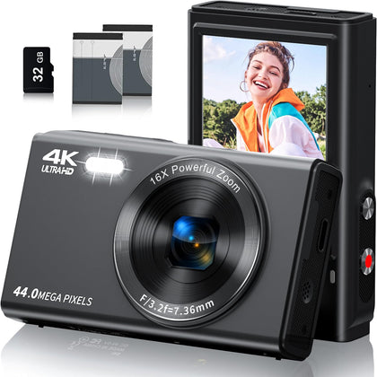 Digital Camera, Saneen FHD Kids Cameras for Photography, 4K 44MP Compact Point and Shoot Camera for Kids, Teens & Beginners with Flash, 32GB SD Card,16X Digital Zoom - Black