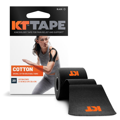 KT Tape, Original Cotton, Elastic Kinesiology Athletic Tape, 20 Count, 10 Precut Strips, Black