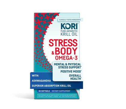 Kori Stress & Body Adaptogen Supplement - Krill Oil & Ashwagandha/Omega-3 Fatty Acids for Heart, Brain, Eye, & Joint Health/Occasional Stress, Mood, & Sleep Support / 80 softgels