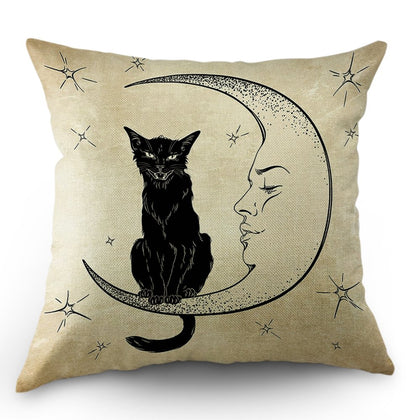 Moslion Cats Moon Throw Pillow Cover Pillow Case Black Cat Sits on The Moon Face Star Cotton Linen Pillow Case 18 x 18 Inch Cushion Cover for Sofa Living Room Light Brown