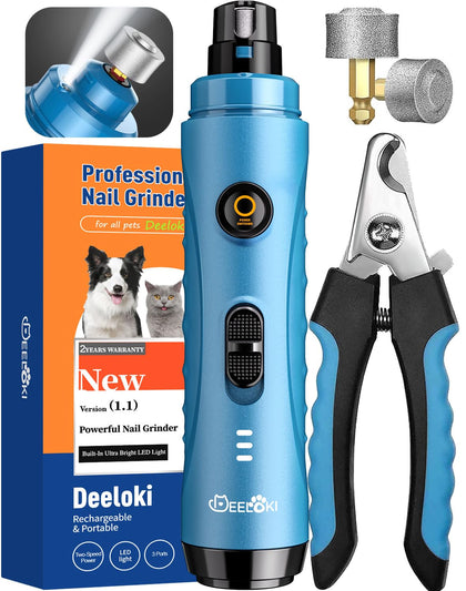 DEELOKI Dog Nail Grinder with LED Light Upgraded 2 Speeds Painless Pet Dog Nail Trimmers and Clipper Super Quiet Best Cat Dog Nail Clipper Kit for Large Small Dogs Pets Cats Breed Paws Quick Grooming