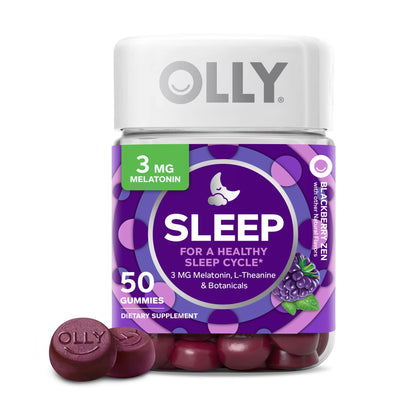 OLLY Sleep Gummy, Occasional Sleep Support, 3 mg Melatonin, L-Theanine, Chamomile, Lemon Balm, Sleep Aid, Blackberry, 50 Count
