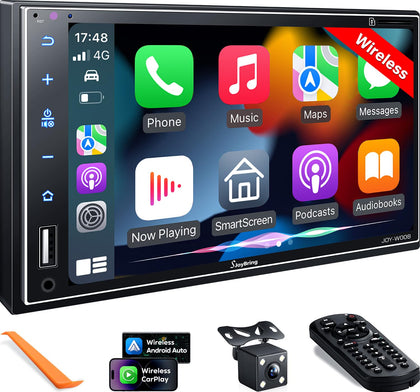 SJoyBring Upgrade Wireless Double Din Car Stereo with Apple CarPlay, Android Auto, Bluetooth, 4-Channel RCA, 2 Subwoofer Ports, High Power 60W*4, 7