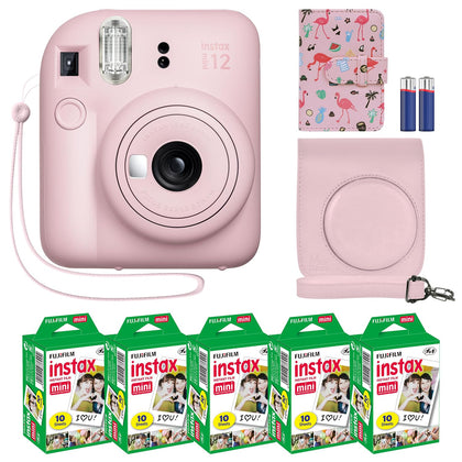 Fujifilm Instax Mini 12 Instant Camera Blossom Pink + MiniMate Accessory Bundle & Compatible Custom Case + Fuji Instax Film Value Pack (50 Sheets) Flamingo Designer Photo Album