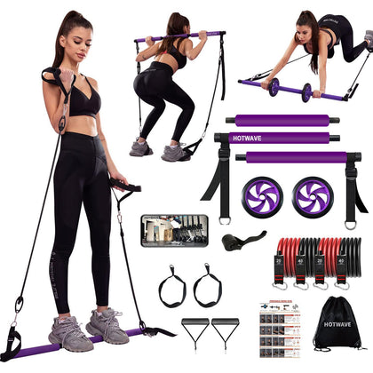HOTWAVE Pilates Bar Kit with Resistance Band Set, Exercise Bar with AB Roller,Yoga Stretching Equipment, Portable Home Gym