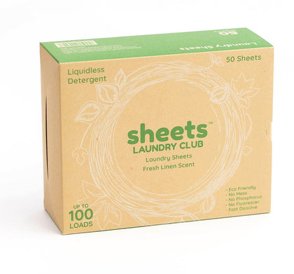 Sheets Laundry Club - Laundry Detergent - (Up to 100 Loads) 50 Laundry Sheets- Fresh Linen Scent - No Plastic Jug - New Liquid-Less Technology - Lightweight - Easy To Use -