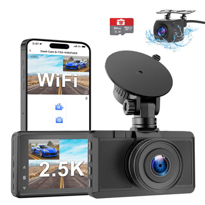 Dash Cam Front and Rear Camera, Otovoda 3Inch Screen WiFi Dash cam, 2.5K+1080P Dash Camera for Cars, Dashboard Camera with Free 64GB SD Card, Type-C Port, Parking Monitor, Super Night Vision