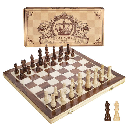 AMEROUS 15 Inches Magnetic Wooden Chess Set - 2 Extra Queens - Folding Board - Pieces Storage Slots, Handmade Portable Travel Chess Game - Beginner Chess Set for Kids, 6 up Age