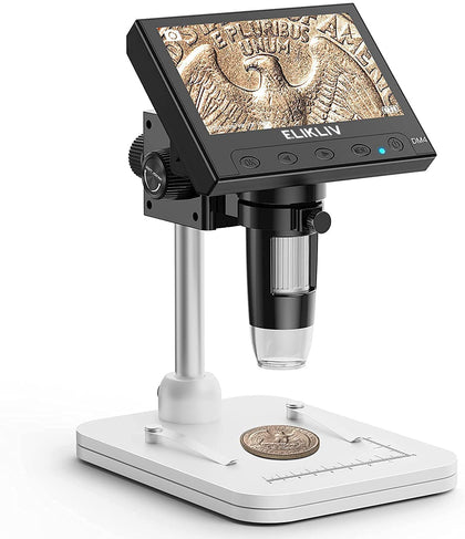 Elikliv Microscope, LCD Digital Coin Microscope 1000x, Coin Magnifier with 8 Adjustable LED Lights, PC View Compatible for Windows, EDM4, 4.3Inch (Black)