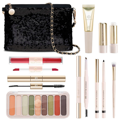 Color Nymph Makeup Kits For Girls With Sequin Bag Makeup Gift Set Included 9 Colors Eyeshadow Palette, Liquid Blush, Double Ended Lip Glaze, Brushes, Mascara And Eyeliner (Green)