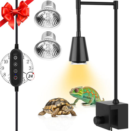 Reptile Heat Lamp,UVA UVB Turtle Heat Lamp with Clamp, 50W 360° Rotatable Heating Light,Heat Lamp for Reptiles Bearded Dragon Turtle Snake Hermit Crab Lizard,Basking Lamp, 2 Pack UVA Light Bulbs E27