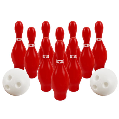 4E's Novelty Valentines Day Bowling Game Set - 10 Red Pins, 2 Balls, Indoor/Outdoor Backyard Carnival Game, Classroom Valentine's Party Games Activity for Kids and Adults