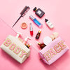 2 Pcs Preppy Patch Makeup Bag Chenille Letter Cosmetic Bag PU Leather Waterproof Toiletry Bag Portable Skin Makeup Pouch Preppy Organizer Accessory for Women Girls (White, Pink, Body, Face)
