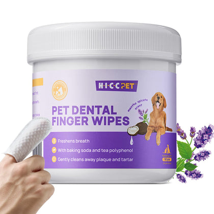 HICC Pet Teeth Cleaning Wipes for Dogs & Cats, Remove Bad Breath by Removing Plaque and Tartar Buildup, Disposable Dog Finger Toothbrush Gentle Pet Dental Care Wipes, 50 Counts, (Mentha Spicata Scent)