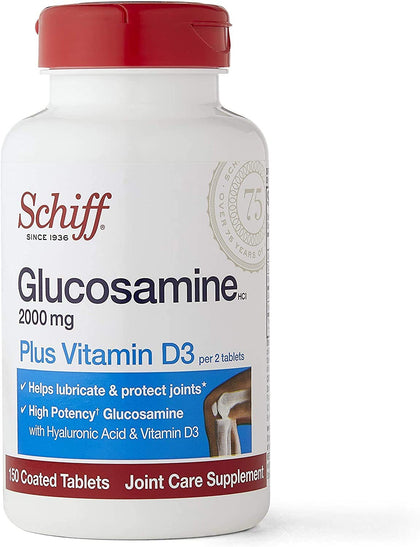 Schiff Glucosamine with Vitamin D3 & Hyaluronic Acid, 2000mg of Glucosamine, Joint Care Supplement Helps Lubricate & Protect Joints*, 150 Count (Pack of 2)