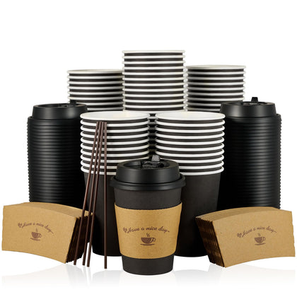 100 Pack 12 oz Paper Drinking Cups with Lids Sleeves and Stirring Sticks, for Cold/Hot Chocolate Drinks, Black Coffee, Disposable for Home, Stores and Cafes.