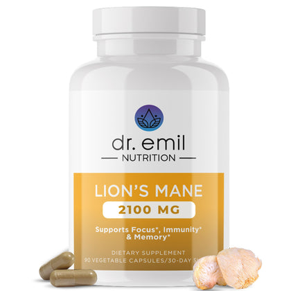 DR EMIL NUTRITION 2100mg Organic Lions Mane Supplement Capsules for Focus, Mental Clarity & Cognitive Support - Nootropic Lion's Mane Mushroom Supplement with 100% Organic Lions Mane Extract