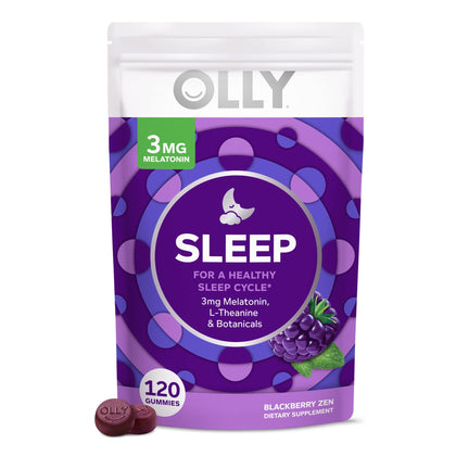 OLLY Sleep Gummy, Occasional Sleep Support, 3 mg Melatonin, L-Theanine, Chamomile, Lemon Balm, Sleep Aid, BlackBerry, 120 Count