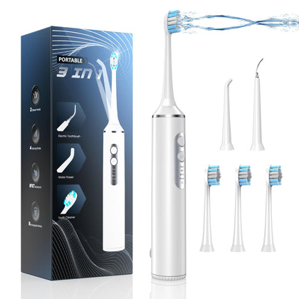 Water Dental Flosser with Electric Toothbrush, One Switch Between Tooth Brush & Water Floss, 3 in 1 Teeth Cleaning Kit with 7 Modes,Electric Toothbrush Portable for Travel and Home (White)