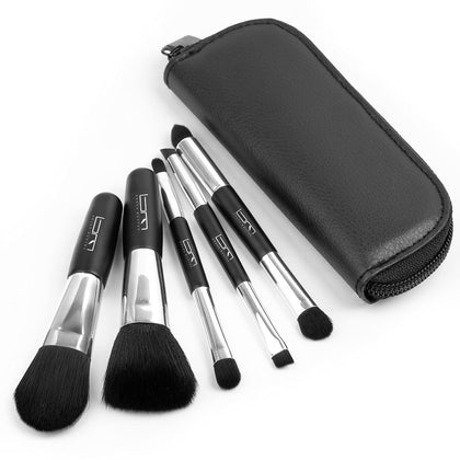 B M Brush Master Travel Makeup Brushes Set w/Pouch, 5PCS Double Ended Portable Mini Cosmetic Brushes Kit for Foundation, Eyeshadow, Lip, Blush Make Up Brushes Professional(Black)