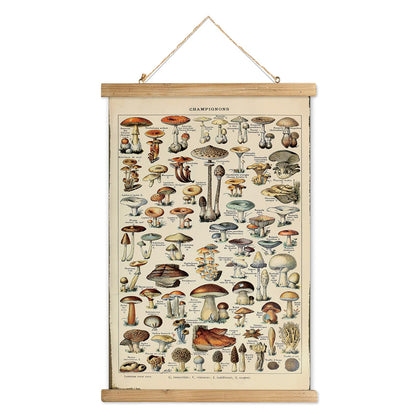 XIAOAIKA Vintage Mushroom Poster Hanger Frame, Retro Style Wall Decor Art Painting, Patterns are Printed on Linen Without Fading, Scrolls Made of Fir are Durable (16 x 23 inch)