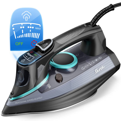 Sundu 1700-Watt Steam Iron with Digital LED Screen, Ceramic Coated Soleplate, Anti-Drip, Self-Clean, 3-way Auto-Off Portable Iron with 4 Preset Steam&Temp Setting for Variable Fabric, 300ml Water Tank