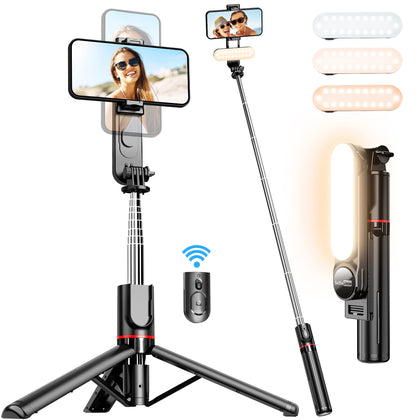 Stable Selfie Stick Tripod with Fill Light, 44 Inch Extendable Selfie Stick with Wireless Remote and Tripod Stand 360 Rotation for iPhone 13/12/11 Pro/XS Max/XS/XR/X/8/7, Samsung and Smartphone