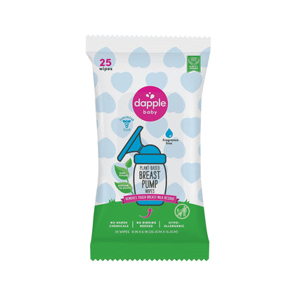 Breast Pump Wipes by Dapple Baby, 25 Count, Fragrance Free, Plant Based & Hypoallergenic Wipes - Removes Milk Residue, Leaves No Taste - Convenient Wipes Pouch