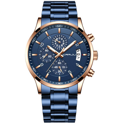CRRJU Mens Watches Fashion Business Quartz Analog Auto Date Men's Watch Blue Stainless Steel Band Waterproof Chronograph Wrist Watch for Men