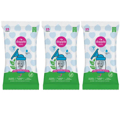 Breast Pump Wipes by Dapple Baby, 25 Count (Pack of 3), Fragrance Free, Plant Based & Hypoallergenic Breast Pump Wipes - Removes Milk Residue, Leaves No Taste - Convenient Wipes Pouch