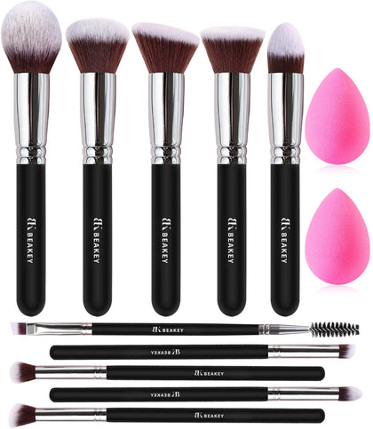 BEAKEY Soft Make up Brushes, Gentle on Skin, Effective Application - 12Pcs Premium Makeup Brush Set, Makeup Brushes, Foundation Brush with 2Pcs Blender Sponges (Packaging May Vary)