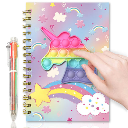 Pop Notebook for Kids, Fidget Girls Diary Journal 8.5x5.3 Inches 160 Lined Pages with 6 Multicolor Pen Spiral Journal for Teenage School Writing Drawing Pop Unicorn It Gifts Stuff Age 6 8 10 12