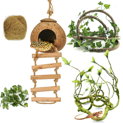 RUNANIA Crested Gecko Tank Accessories, Reptile Vines and Plants Coco Hut Coconut Shell with Ladder Hideout Cave Habitat Decor for Climbing Lizard Leopard Gecko Tortoise Amphibians Hermit Crab