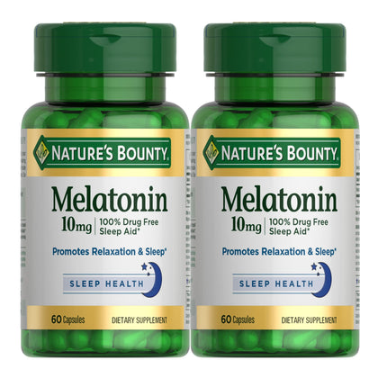 Nature's Bounty Melatonin, 100% Drug Free Sleep Aid, Dietary Supplement, Promotes Relaxation and Sleep Health, 10mg, 60 Count(Pack of 2)