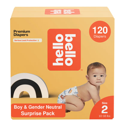 Hello Bello Diapers, Size 2 (10-16 lbs) Surprise Pack for Boys - 120 Count of Premium Disposable Baby Diapers, Hypoallergenic with Soft, Cloth-Like Feel - Assorted Boy & Gender Neutral Patterns 160002
