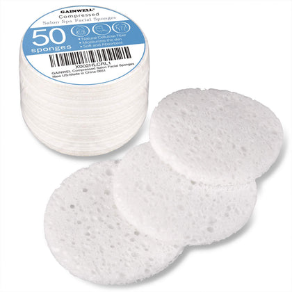 50-Count Compressed Facial Sponges, GAINWELL White Cellulose 100% Natural Cosmetic Spa Sponges for Facial Cleansing, Exfoliating Mask, Makeup Removal