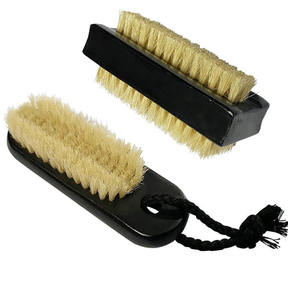NewFerU Wooden Nail Brush Cleaner Black X 2 in Natural 100% Boar Bristle for Cleaning Hand Finger Foot Toe, Fingernail Toenail Scrub Brush for Men Women Kids Manicure Pedicure (Two sided + w/Rope)