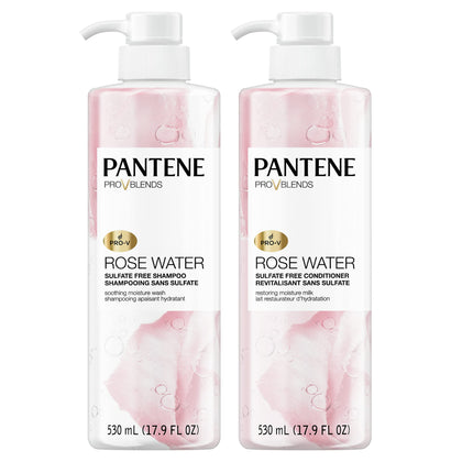 Pantene Sulfate Free Shampoo and Conditioner Set, Rose Water, Soothing and Moisturizing,Nutrient Infused with Vitamin B5,for all Hair Types, Safe for Color Treated Hair, Pro-V Blends, 17.9 oz, 2-Count