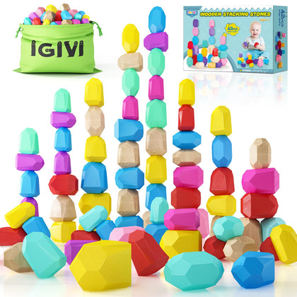 IGIVI Sensory Toys Rainbow Wooden Stacking Rock Set - 42 Natural Wood Blocks - Early Learning Montessori Toys for Toddlers - Birthday Gifts Toys for 1 2 3 Year Old Boys & Girls