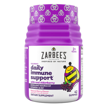 Zarbee's Elderberry Gummies for Kids with Vitamin C; Zinc & Elderberry; Daily Childrens Immune Support Vitamins Gummy Children Ages 2 and Up; Natural Berry Flavor; 42 Count