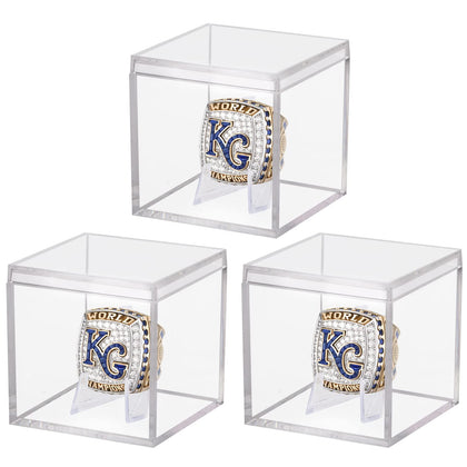 Waenerec Championship Ring Display Case 3pcs Clear Acrylic Plastic Golf Ball Display Case Small Showcase with Mini Card Stand Holder Square Storage Box for Jewelry Sport Ring Candy Box