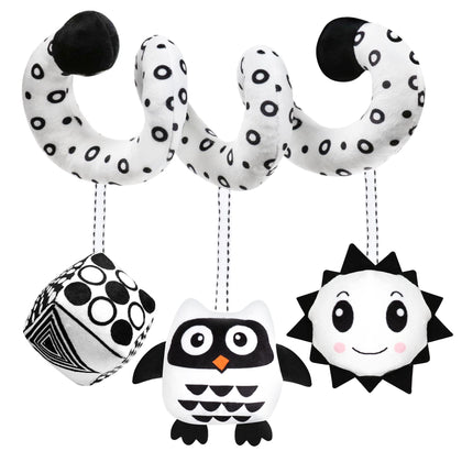 GKDOMS Baby Spiral Hanging Stroller and Car Seat Toys Black and White High Contrast Sensory Toy Newborn Plush Travel Activity Toy New Year Gift for 0 3 6 9 12 Months Girls Boys-Owl