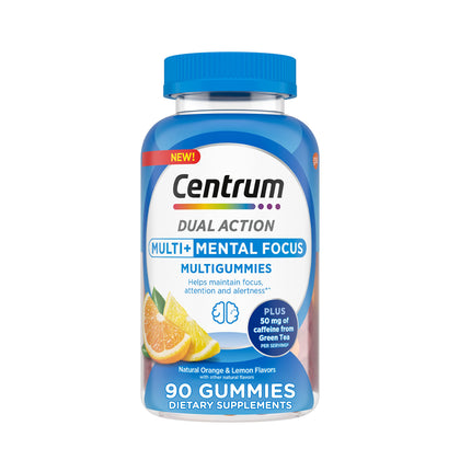 Centrum MultiGummies Multi+ Dual Action Mental Focus Adult Multivitamin with Caffeine from Green Tea, Supports Mental Focus, Attention and Alertness, Lemon/Orange Flavors - 90 Count