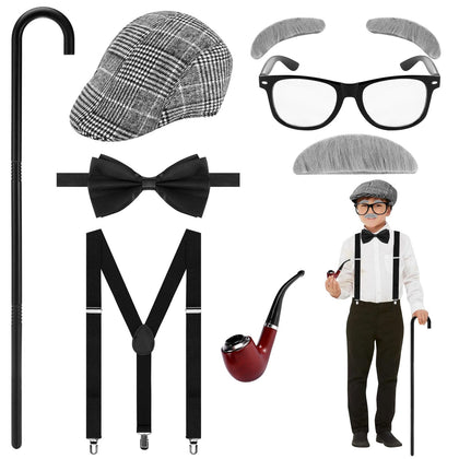 Runpon Old Man Wig for Kids, 100 Days of School Costume Boys, 8 Pcs Pretend to be Grandpa Classic Beret Hat with Mustache, Cane, Glasses Etc. 100th Day of School Dress Up Accessories, Cosplay for Men