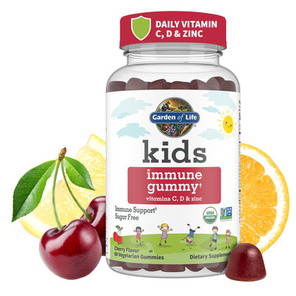 Garden of Life Kids Immune Support Gummies with Vitamin C, D as D3 & Zinc for 3-in-1 Daily Childrens Immunity - Organic, Non-GMO, Gluten-Free, Vegetarian, Sugar Free, Cherry Flavor, 30 Day Supply
