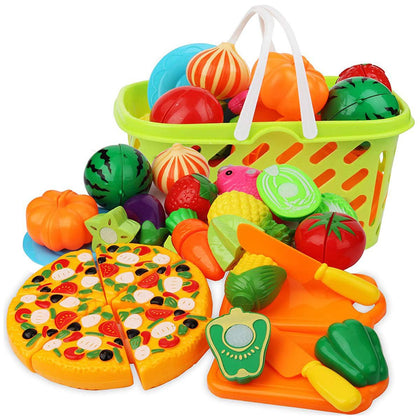 Cutting Play Food Set Kitchen Pretend - 40pcs Grocery Basket Toys Food for Kids Toddlers Girls Boys Educational Fake Fruits Vegetables Pizza Knife Dishes Playhouse Accessories Xmas Gifts