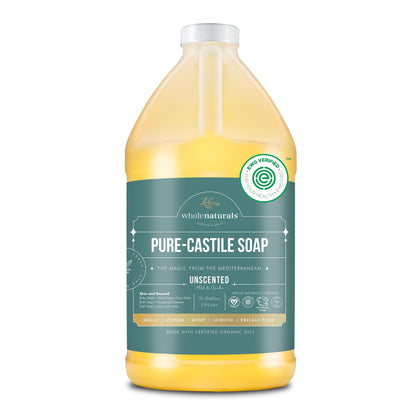 WHOLENATURALS Pure Castile Soap Liquid, EWG Verified & Certified Palm Oil Free Unscented, Natural, Mild & Gentle Non-gmo & Vegan - Organic Body Wash, Laundry, and Baby Soap - 64 Fl Oz - Pack of 1